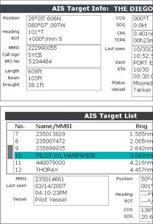 AIS Raymarine: Информация о цели АИС и экран списка целей